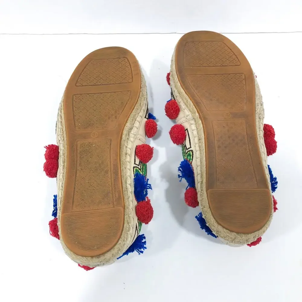 Tory Burch Ellis Pom Pom Embroidered Espadrille Flats